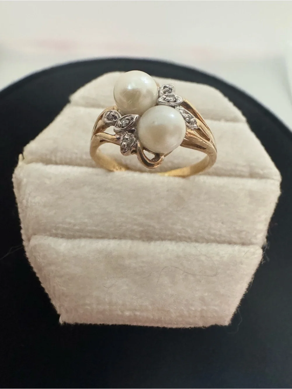 10K Solid Yellow Gold Double Pearl & Diamond Botanical Bypass Ring Size 7